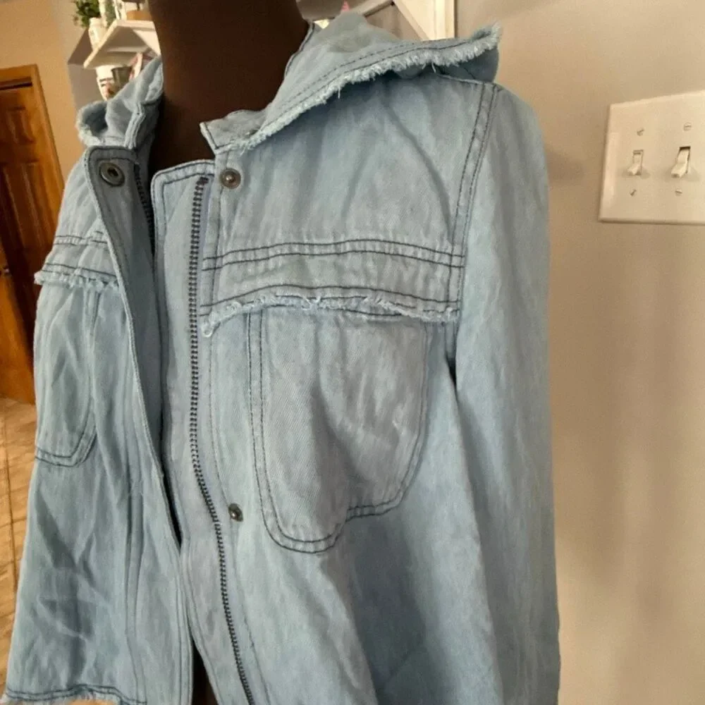NWT Free People raw hem denim swing jacket womens size XS blue hooded hemp cotto - Picture 2 of 12